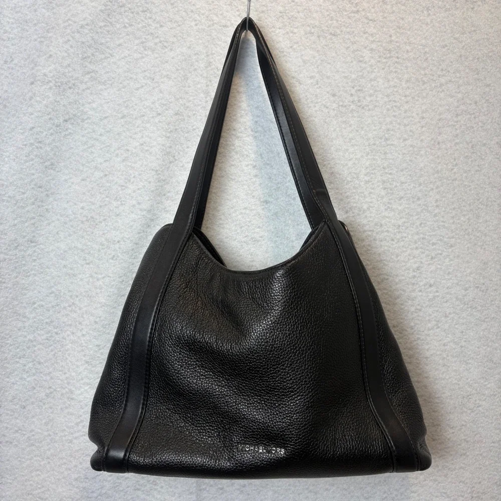 Michael Kors Rosemary Large Pebbled Leather Shoulder Bag Black Silver
